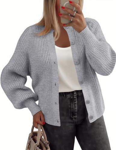 Women's Chunky Knit Button-Front Cardigan Sweater Long Sleeve Crew Neck