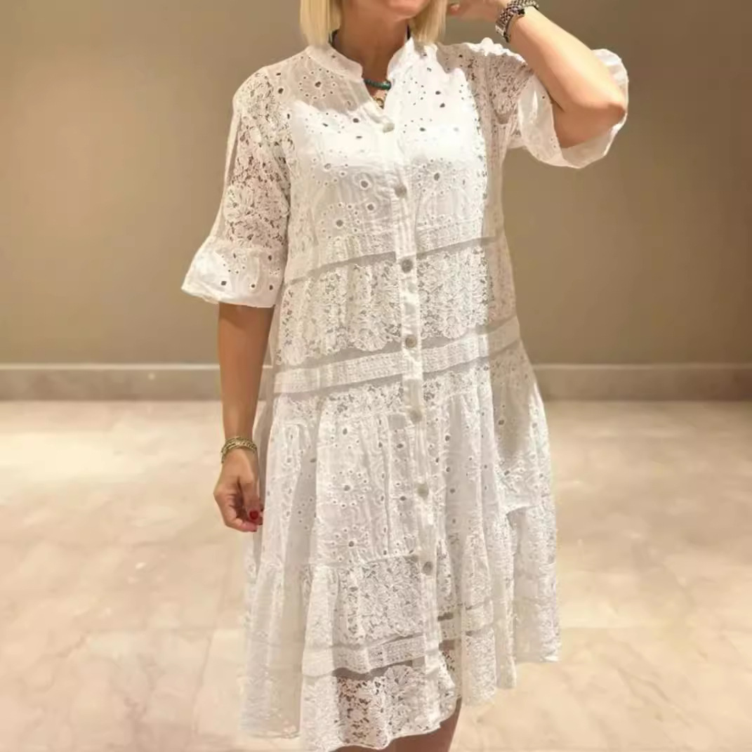 Women's Solid V-Neck Button Lace Panel Midi Dress