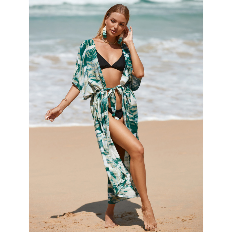 Leaf Print Beach Cover-Up Sheer Open-Front Cardigan