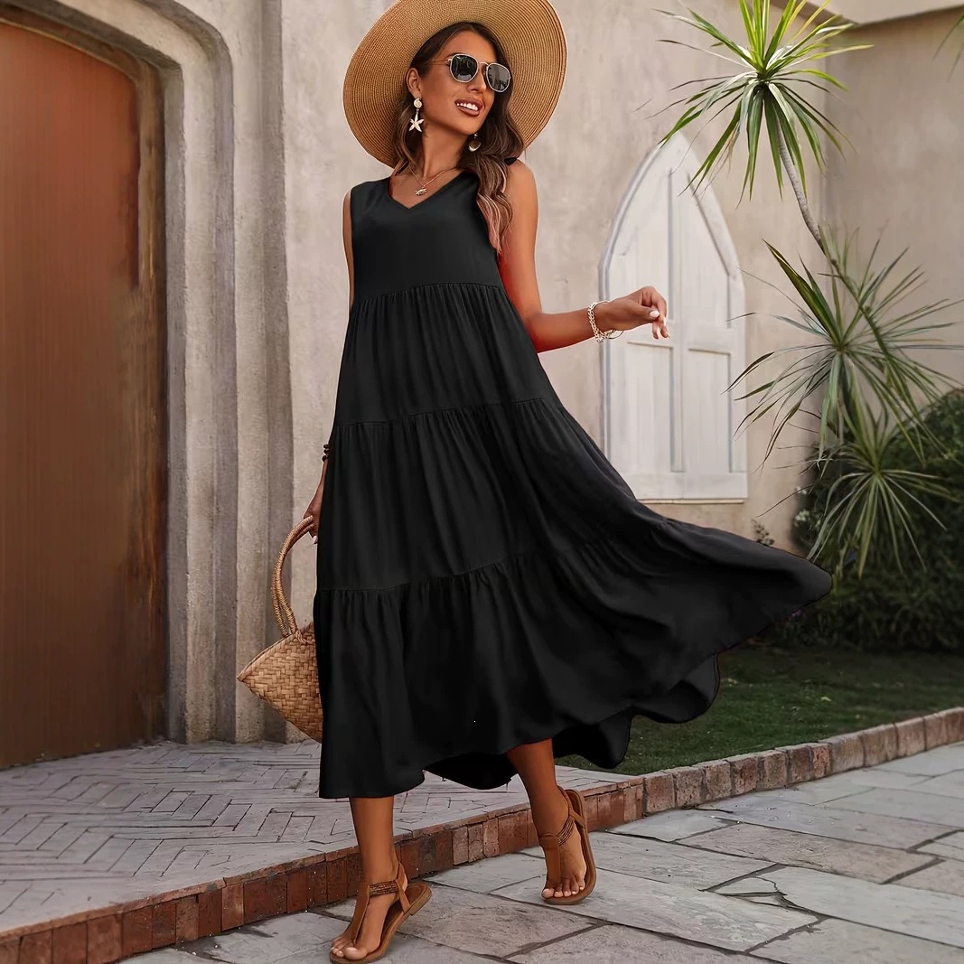 Elegant Solid V-Neck Tiered Ruffle Sleeveless Maxi Dress