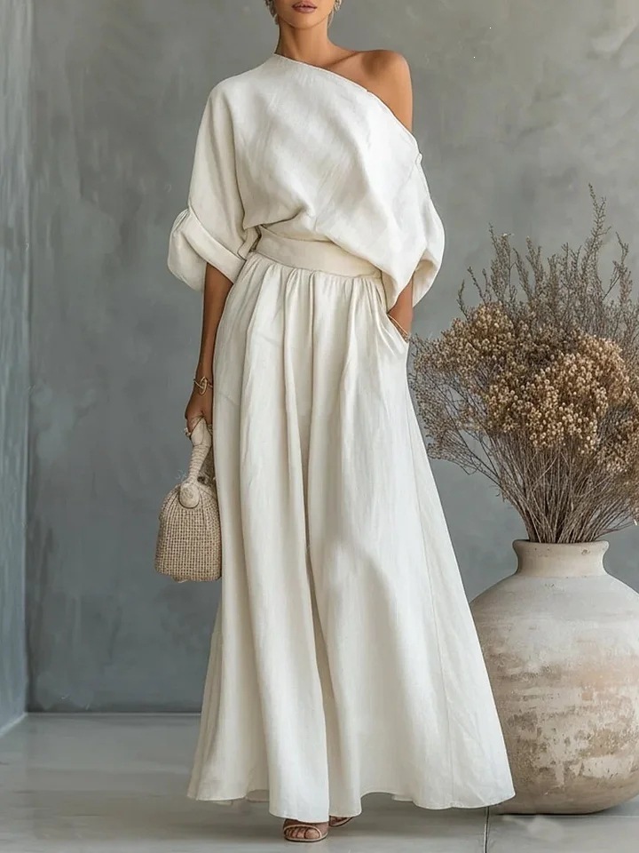 Elegant One-Shoulder Waist-Cinching Top and Skirt Two-Piece Set