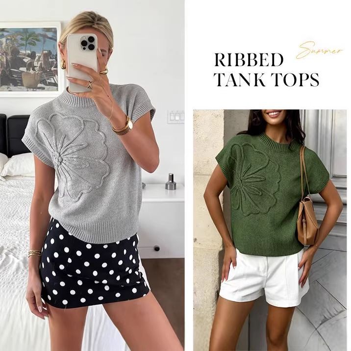Women's Floral Jacquard Knit Short Sleeve Sweater