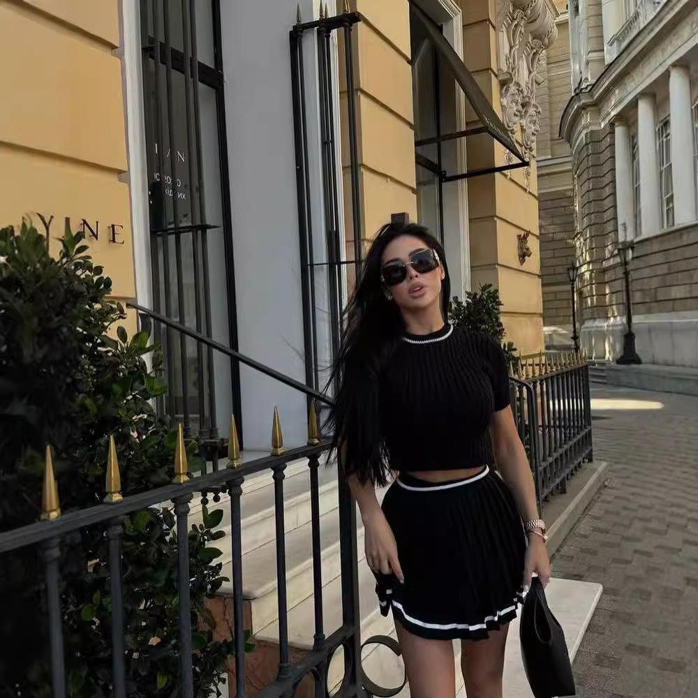 Sexy Knit Two-Piece Set: Cropped Sweater & Pleated Mini Skirt