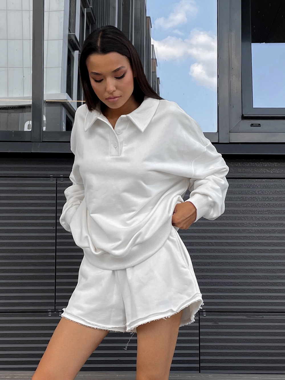 Women's Streetwear Two-Piece Set with Collared Button Top and Shorts