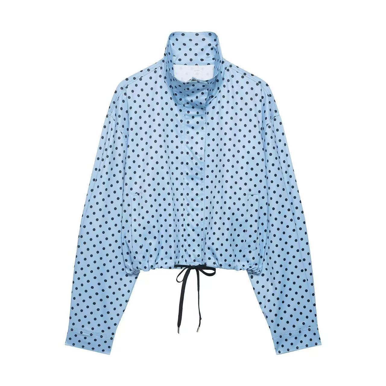 Polka Dot Zip-Up Jacket Casual Stand Collar