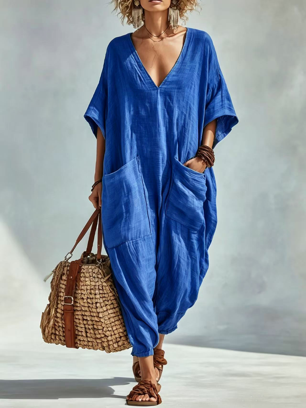 Women's Loose V-Neck Linen-Blend Jumpsuit with Pockets, Lantern Pants, Beach Vacation