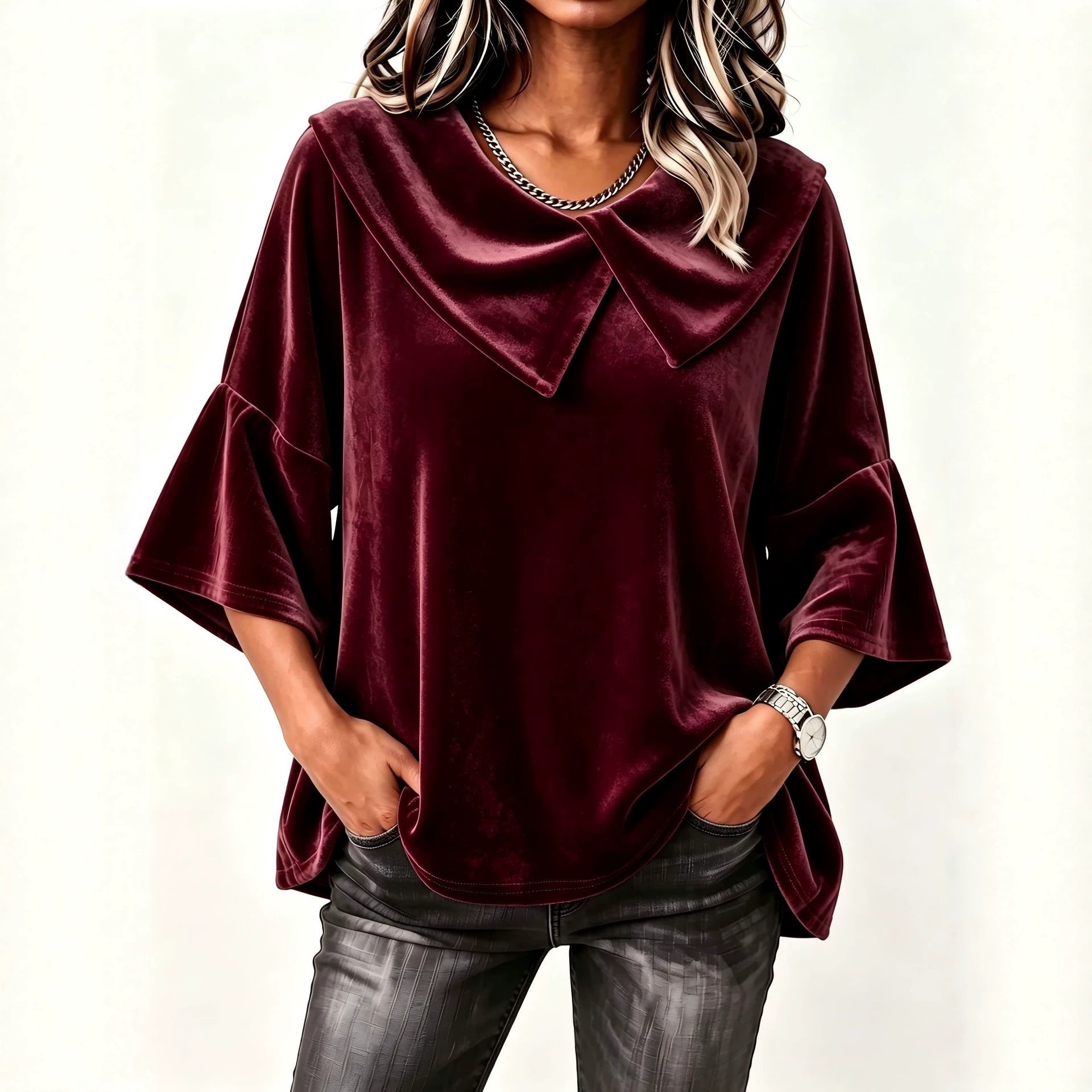Retro Asymmetric Patchwork Big Lapel Bell Sleeve Loose Velvet Top