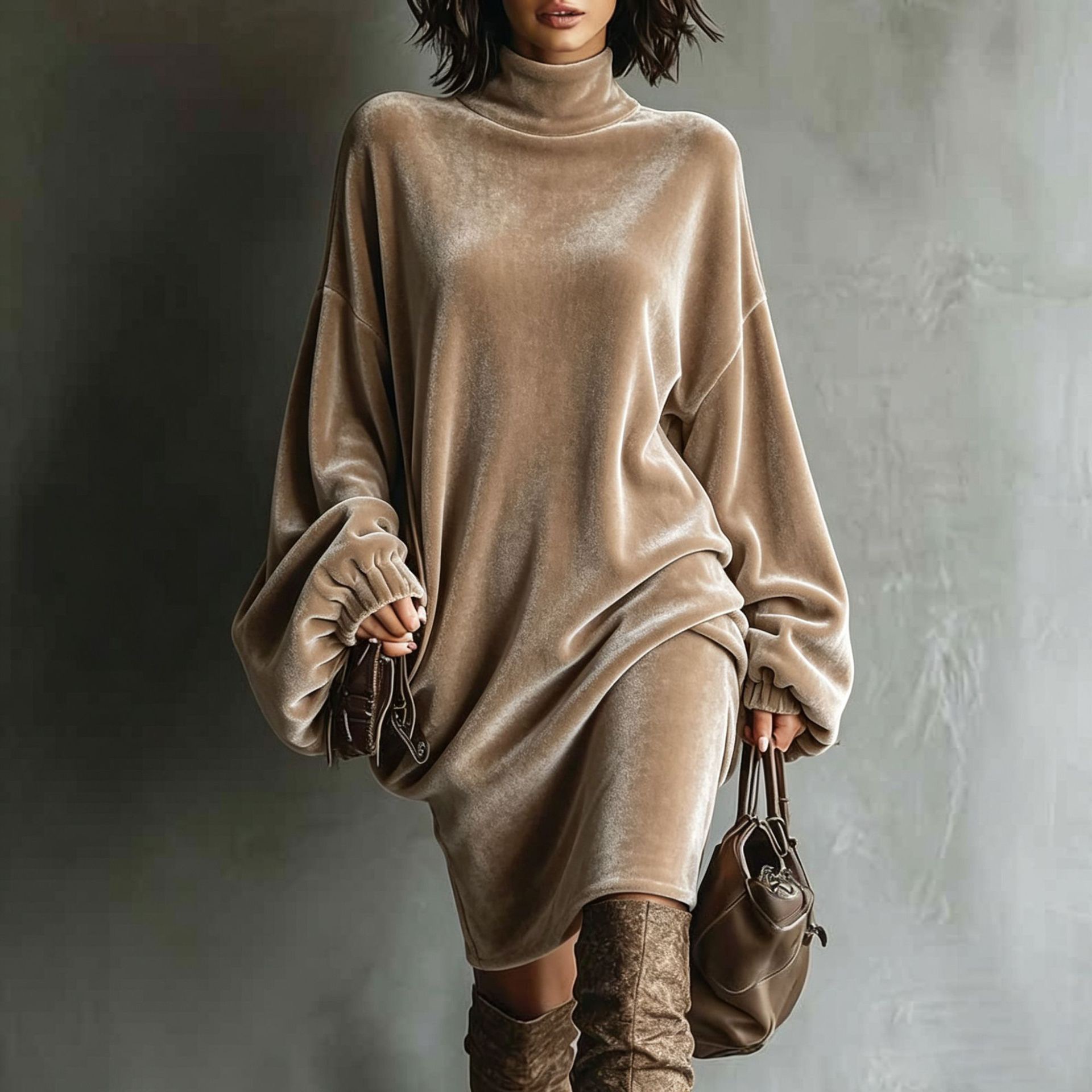 Velvet High Neck Loose Midi Dress Long Sleeve A-Line