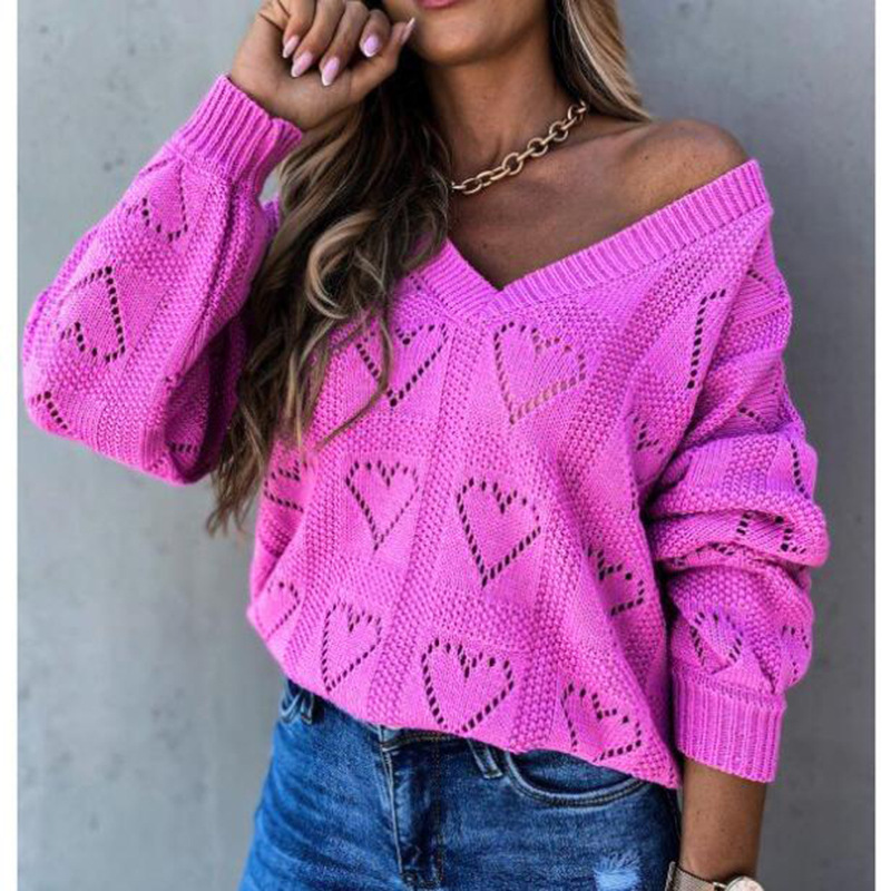 Women's V-Neck Heart Cutout Knit Sweater