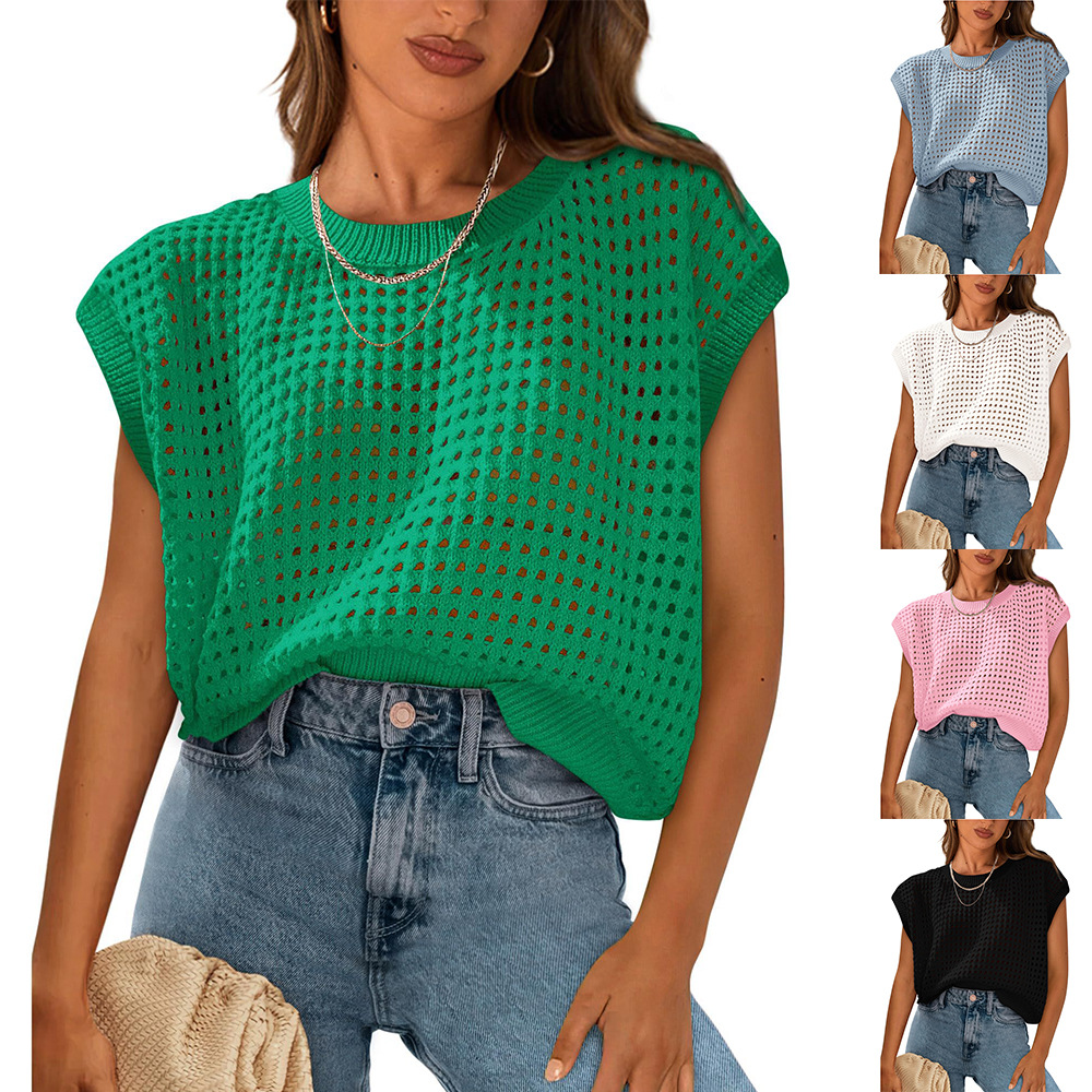 Women's Round Neck Hollow Out Knit Sun Protection Cover-Up