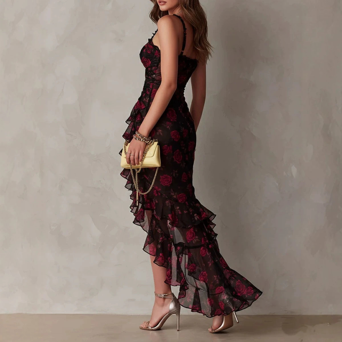 Black Floral Sleeveless Ruffle Midi Dress