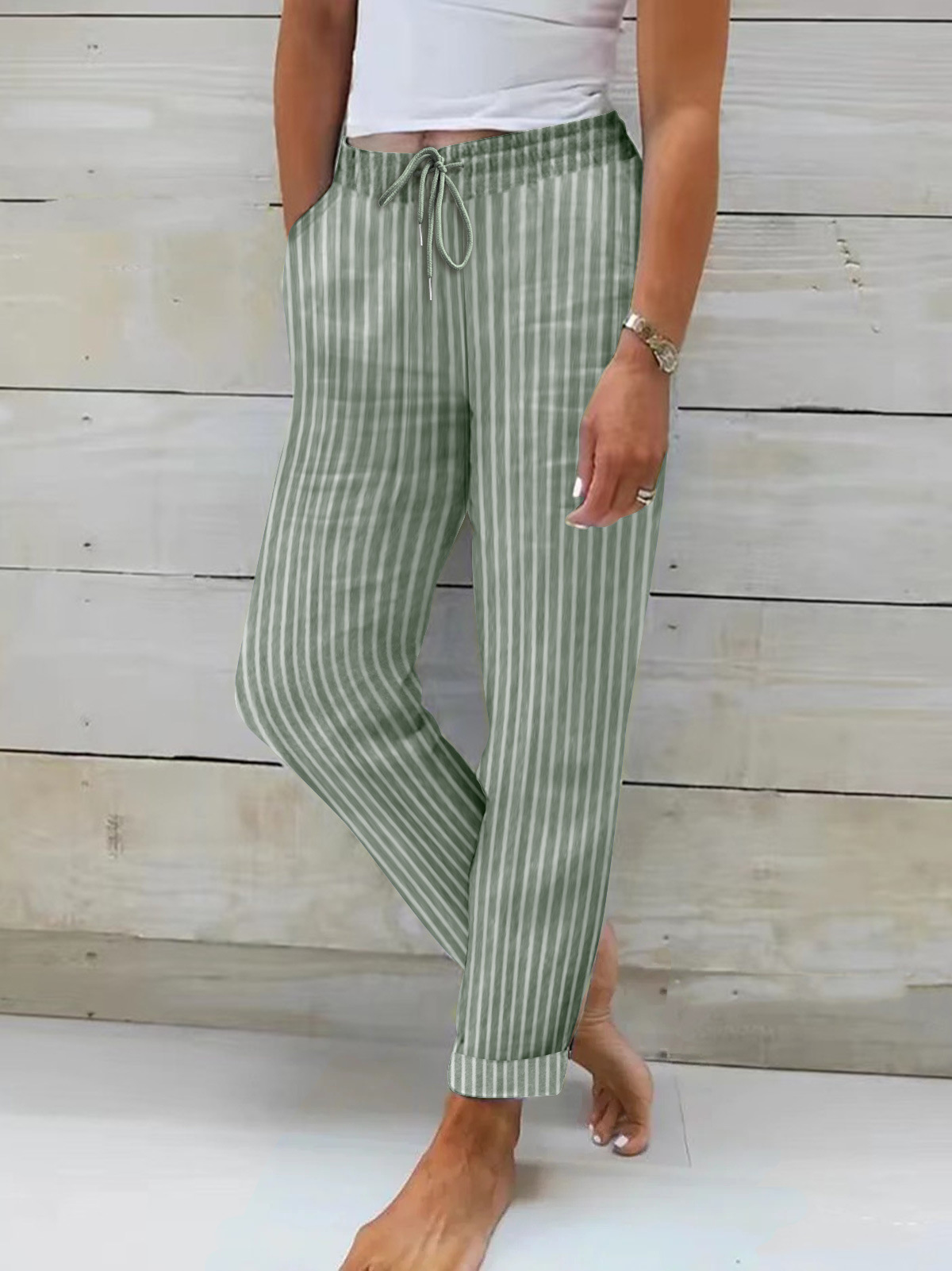 Women's Striped & Solid Cotton-Linen Loose Casual Pants