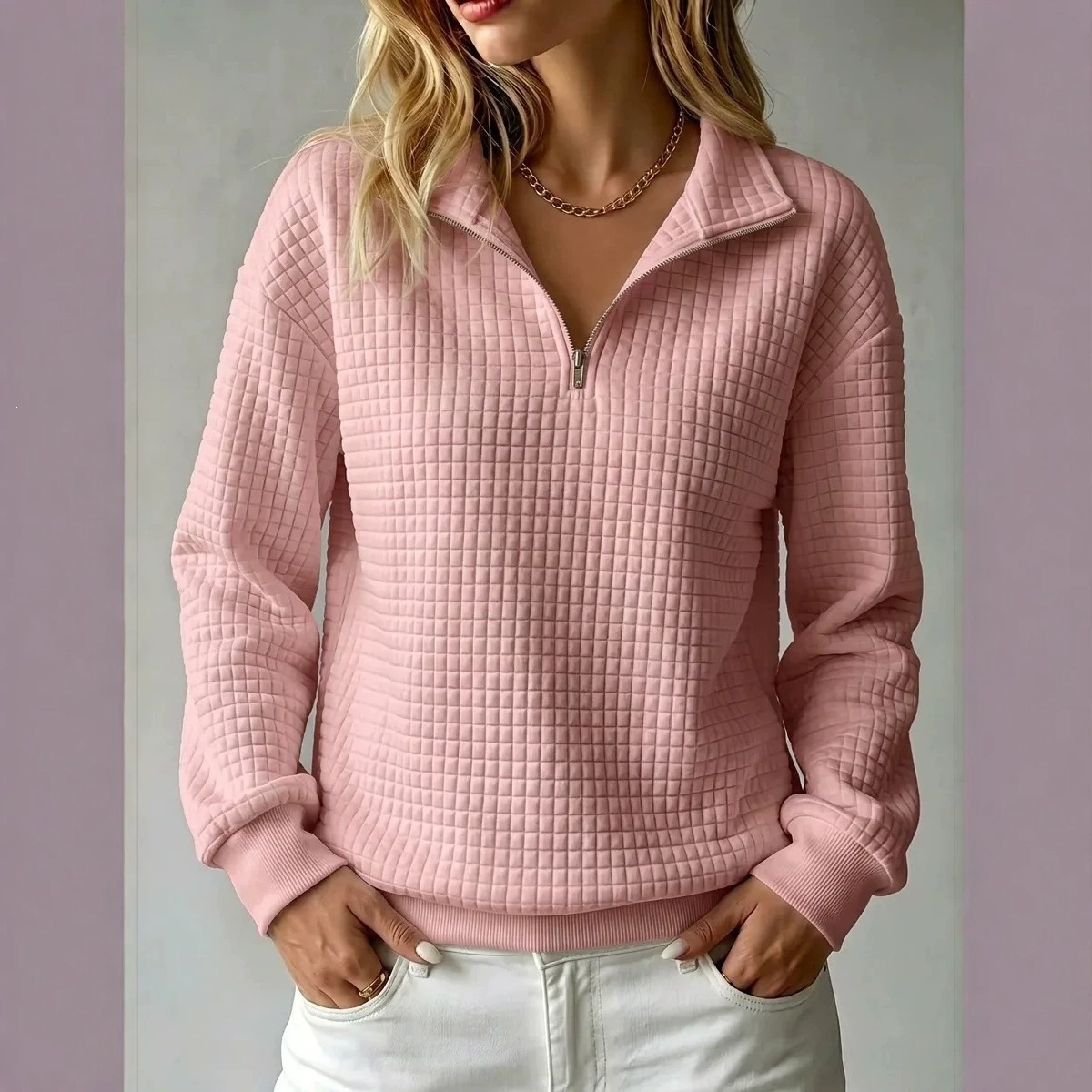Waffle Knit Solid Stand Collar Zip-Up Long Sleeve Women's Sweatshirt