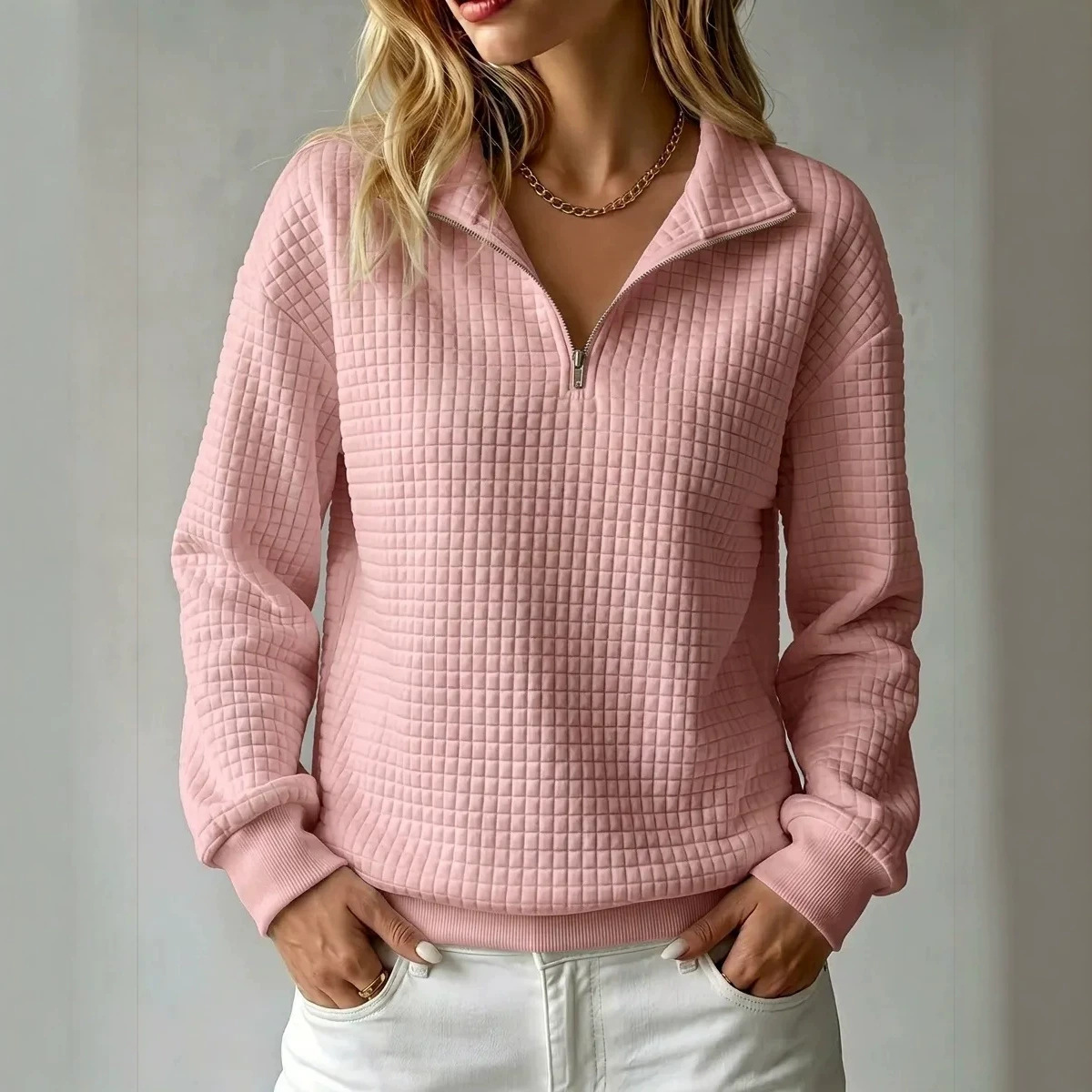 Women's Waffle Knit Zip-Up Stand Collar Long Sleeve Sweatshirt