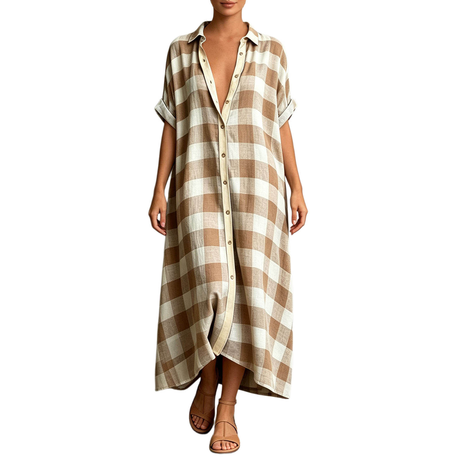 Women's Loose Plaid Shirt Dress Collared Button-Front Short Sleeve Long Vacation Dress