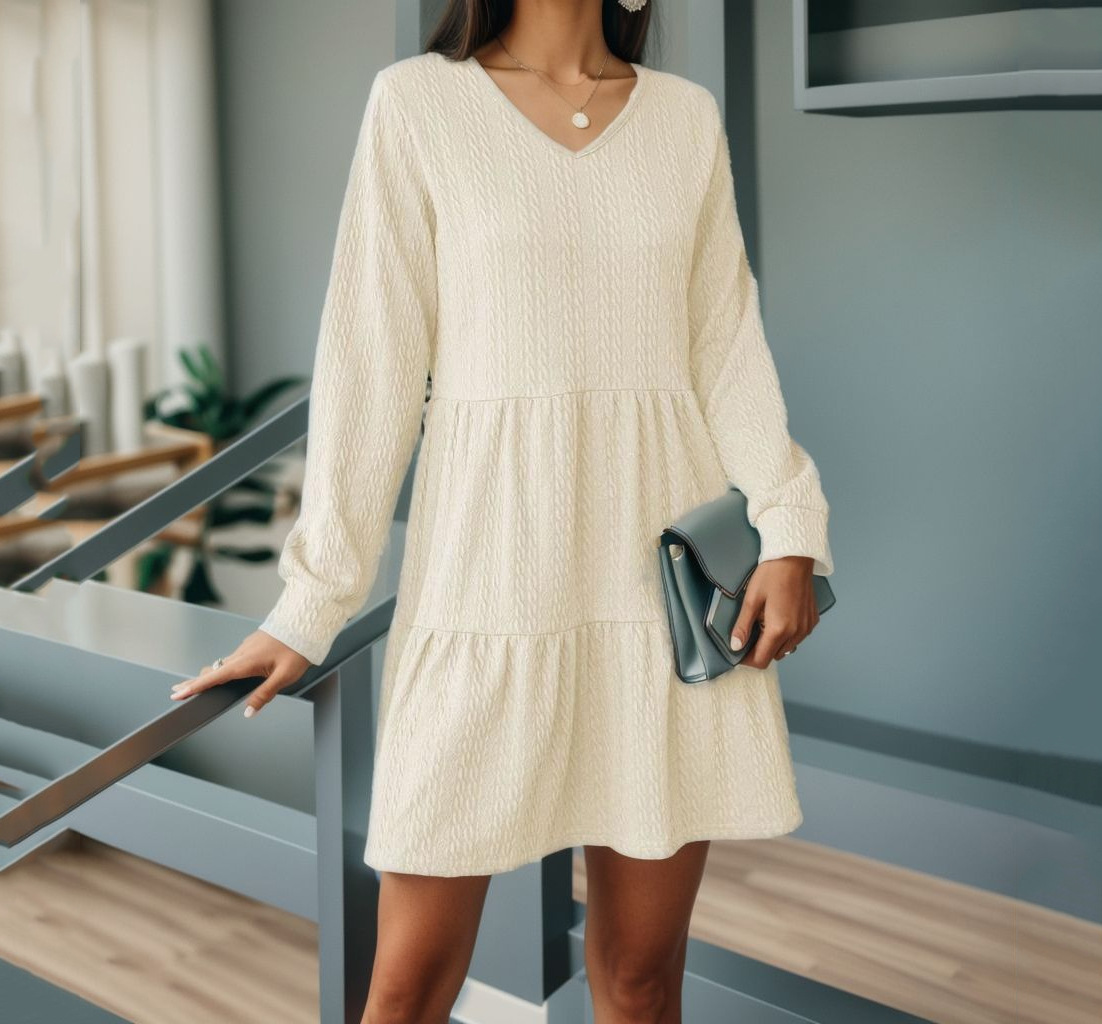 V-Neck Colorblock Long-Sleeve Loose Dress