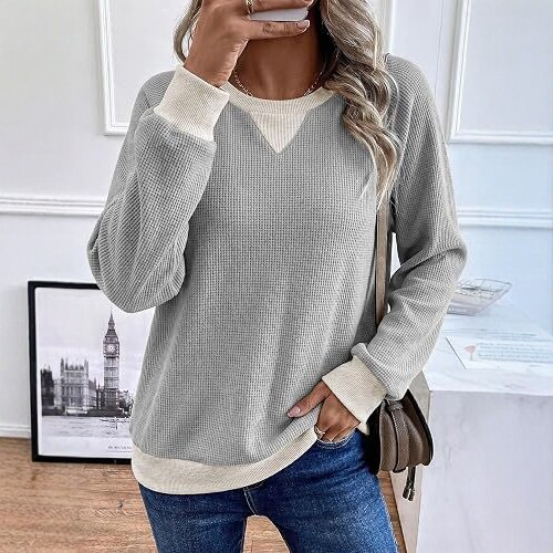 Waffle Knit Long Sleeve Crewneck Pullover Top for Women