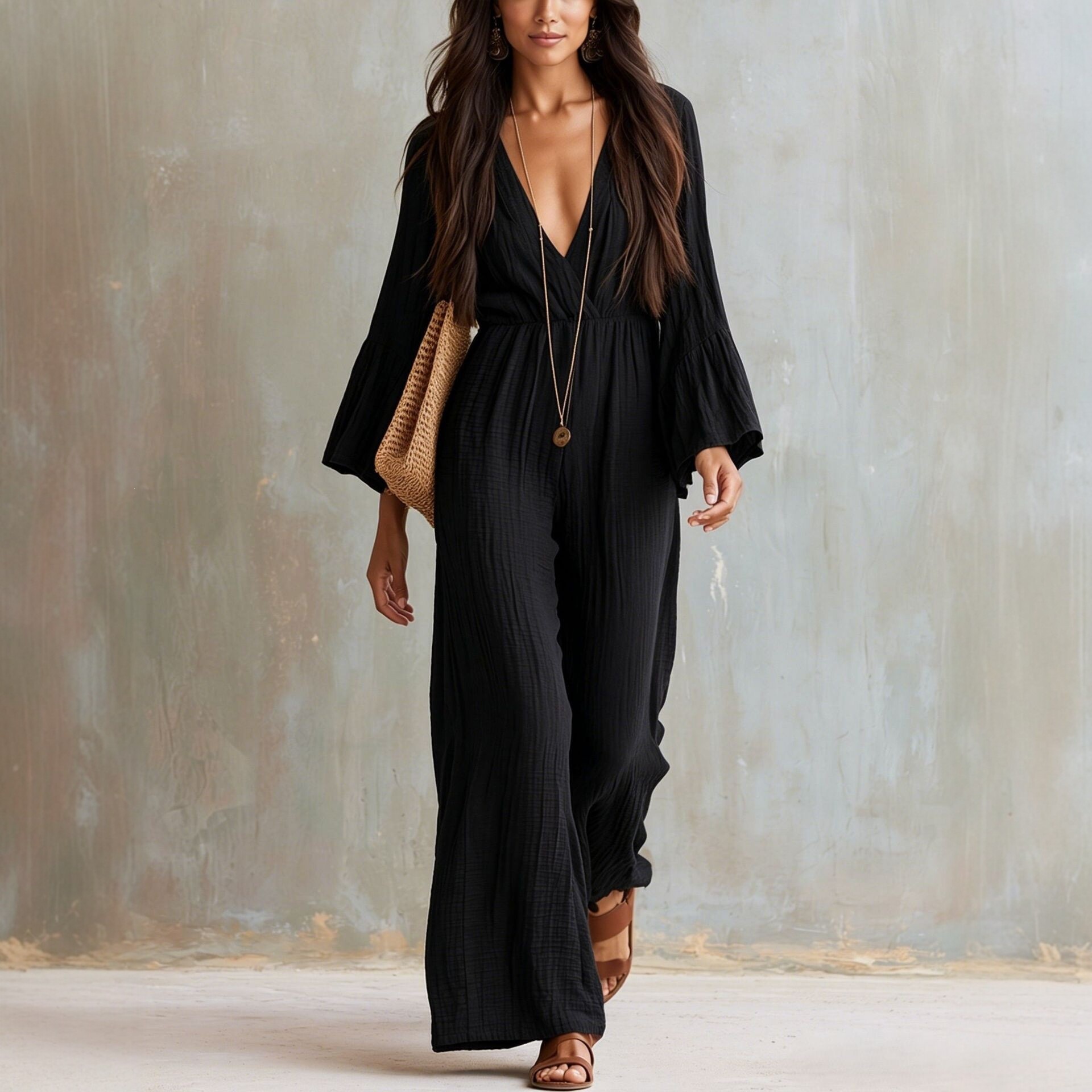 Bohemian V-Neck Wide-Leg Jumpsuit Women Long Sleeve