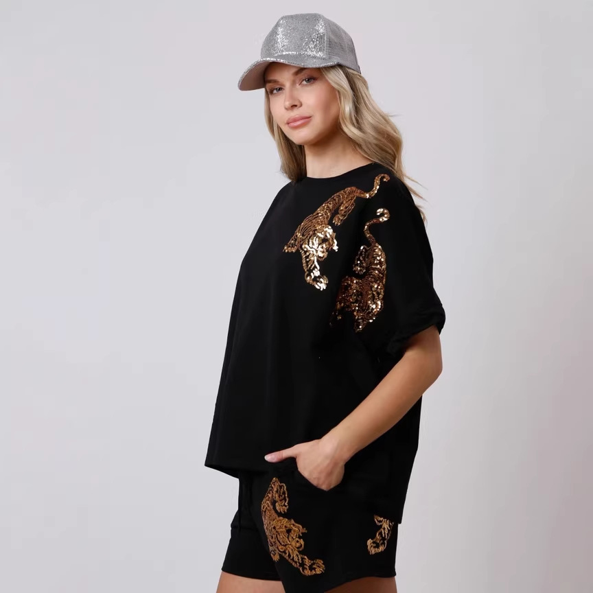 Tiger Sequin Short Sleeve Two-Piece Pants Set