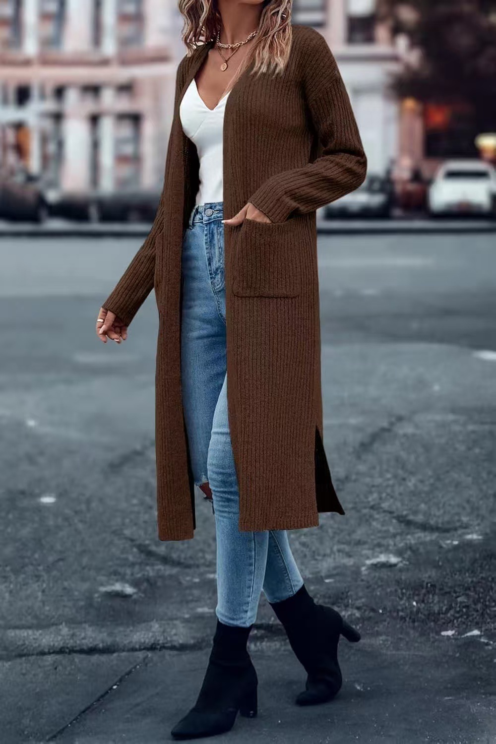 Long Slit Lazy Style Pocket Cardigan Sweater Women's Loose Knit Coat
