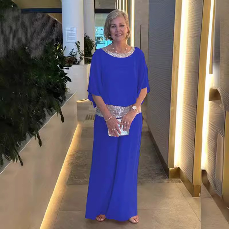 Women's Sequin Colorblock Batwing Top and Wide-Leg Pants Set