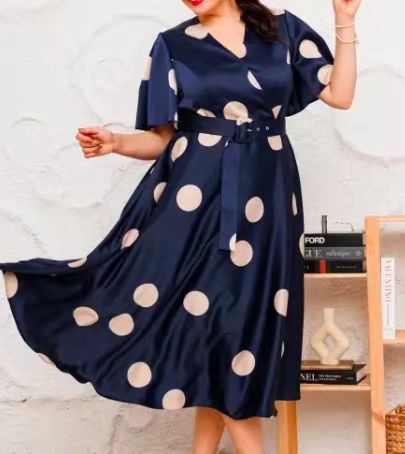 V-Neck Polka Dot A-Line Midi Dress with Short Sleeves