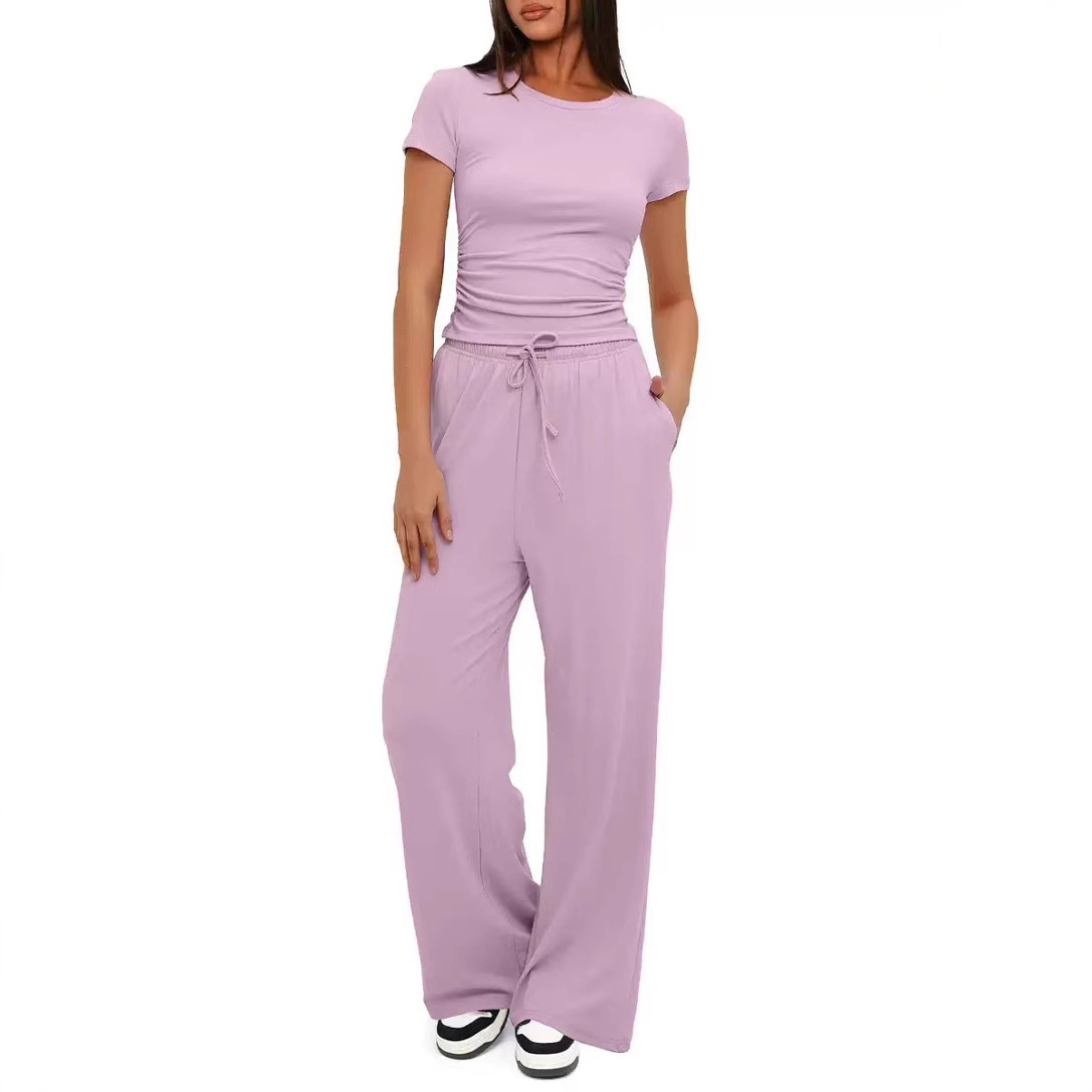 Women's Ruched Short Sleeve Top and Wide Leg Pants Two-Piece Set