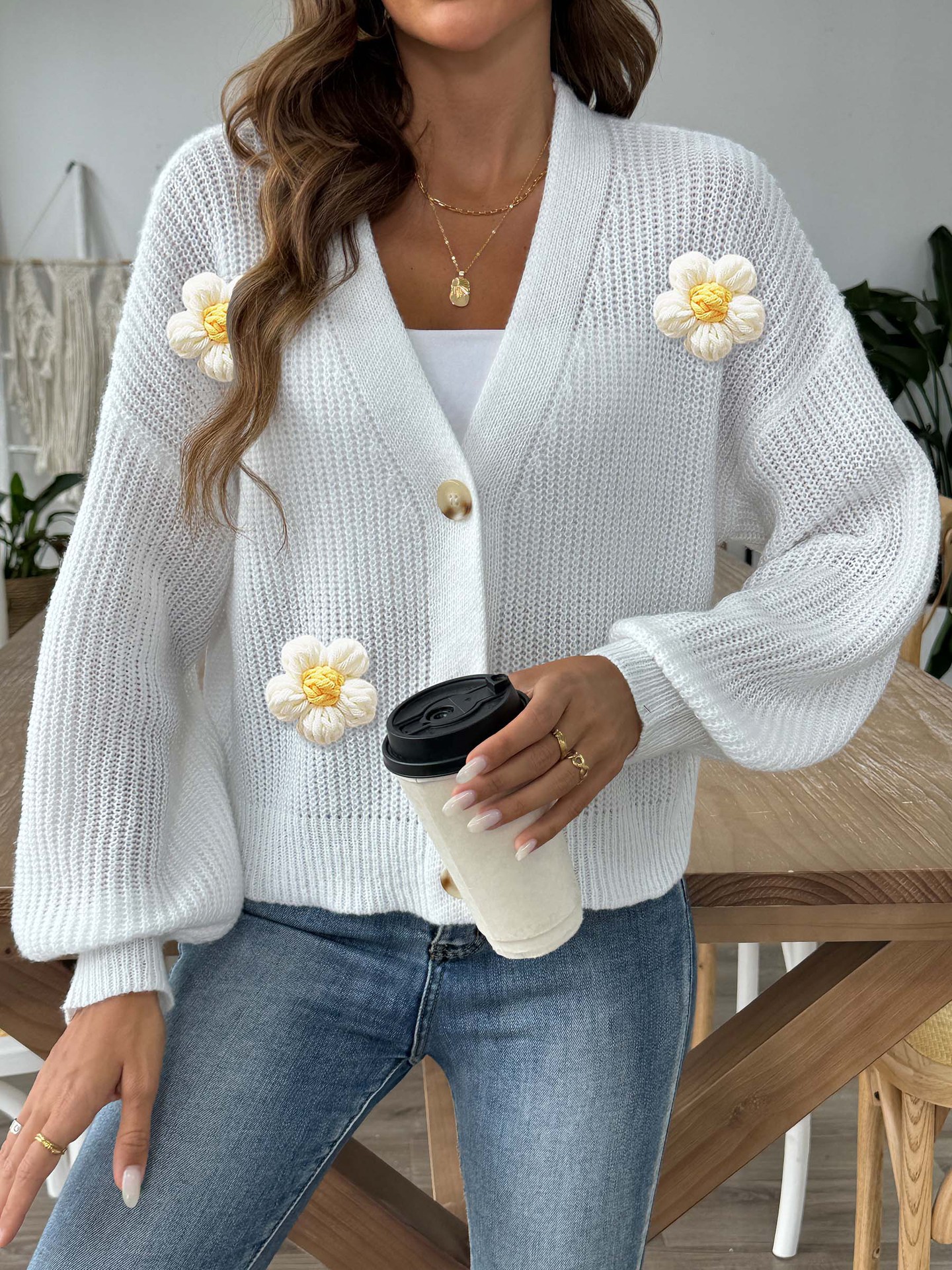 Women's Cropped Cardigan Sweater with Hand-Crochet Floral Appliqué and Button Front