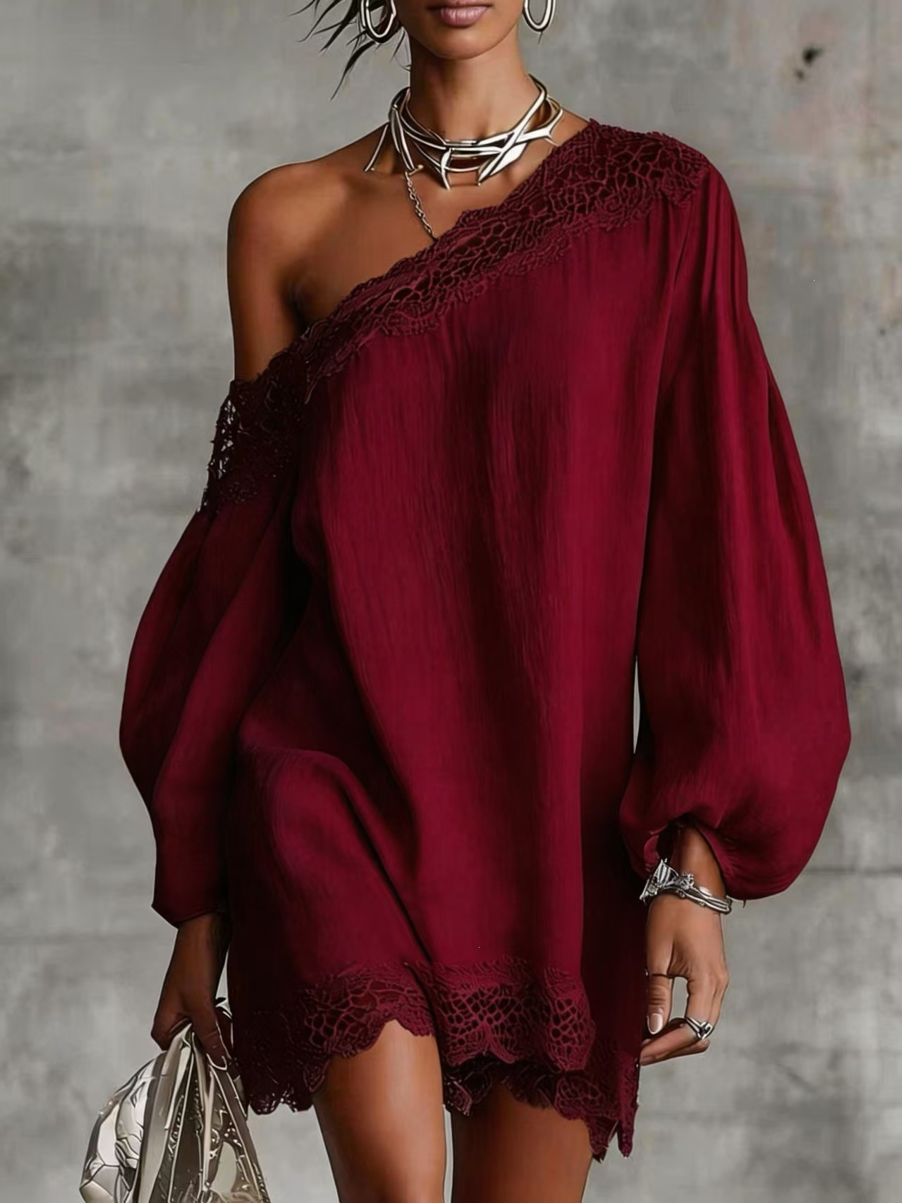 Women's Summer One-Shoulder Long-Sleeve Lace Trim Solid Casual Top