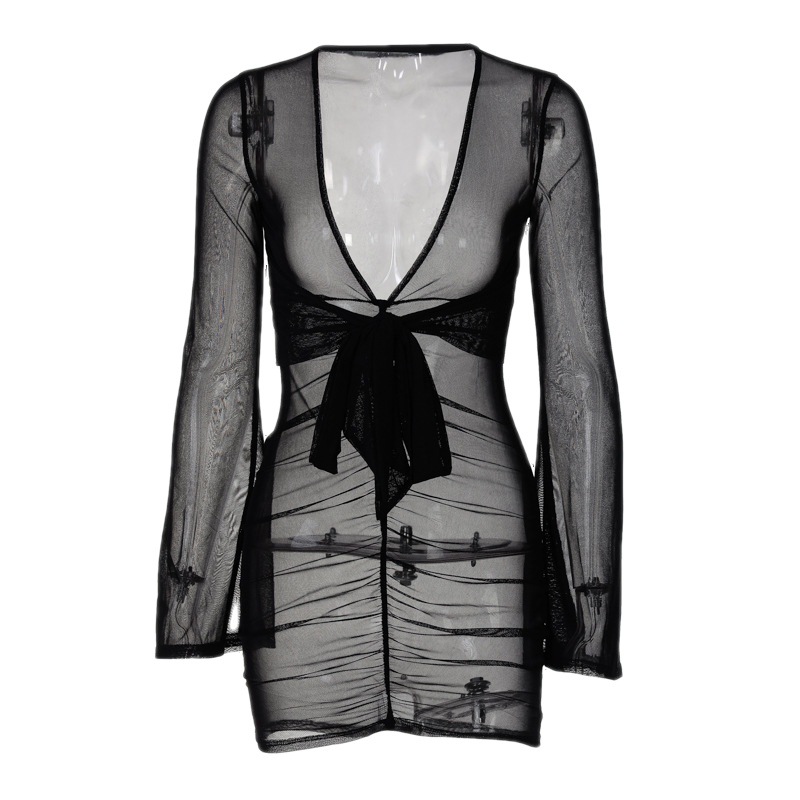 Women's Sheer Mesh Deep V-Neck Bodycon Dress
