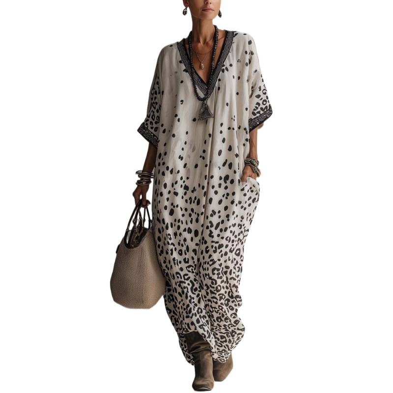 Digital Print V-Neck Half-Sleeve Kaftan Maxi Dress with Patch Pockets