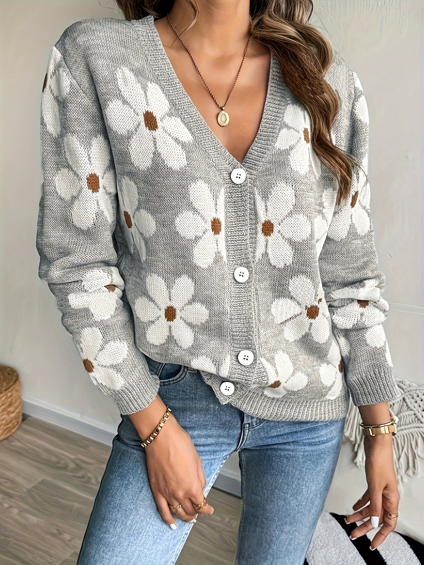 Women's Floral Knit Cardigan V-Neck Jacquard Sweater Coat