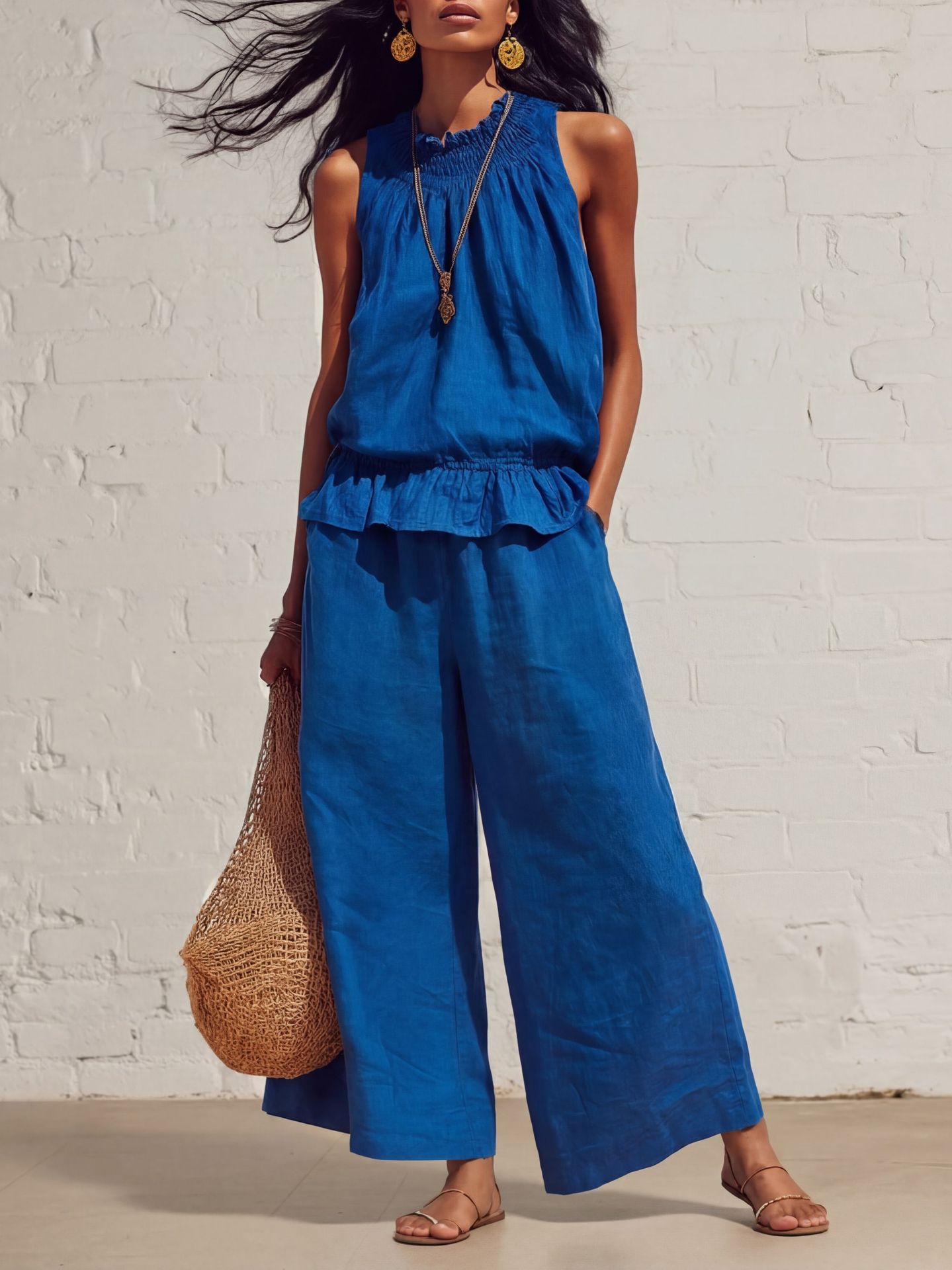 Women's Boho Ruffle Two-Piece Set Sleeveless Vest and Shorts