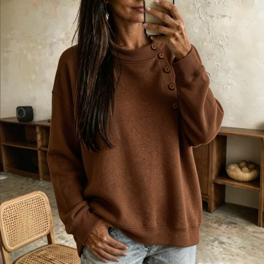 Solid Half-Turtleneck Button-Trim Long-Sleeve Sweatshirt