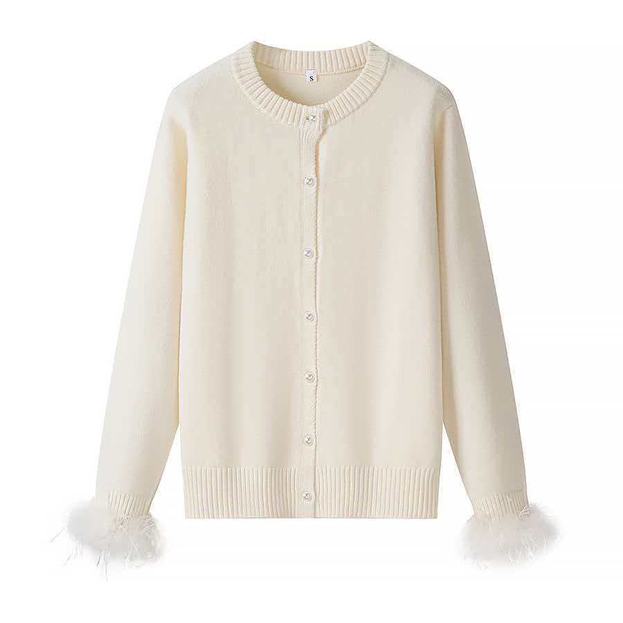 Feather-Trim Knit Cardigan