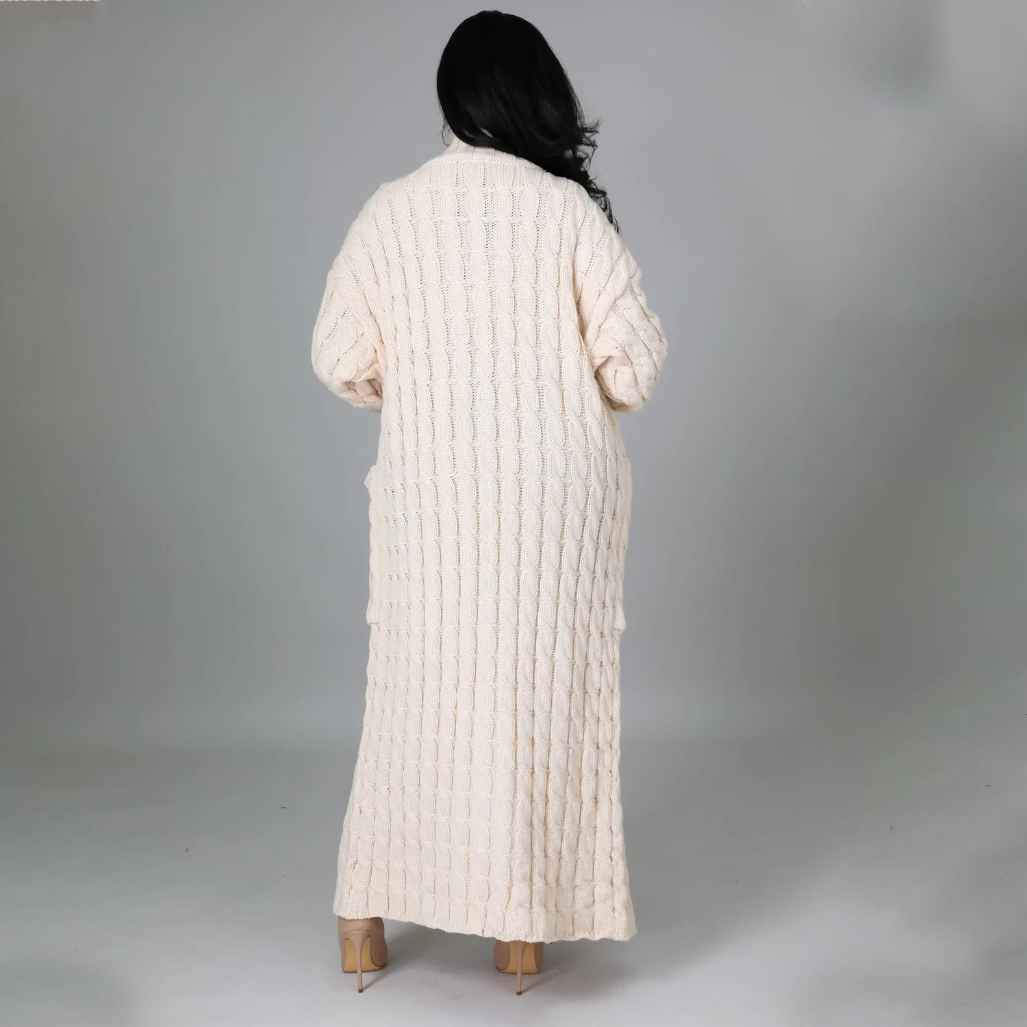 Cable-Knit Open-Front Long Cardigan with Pockets