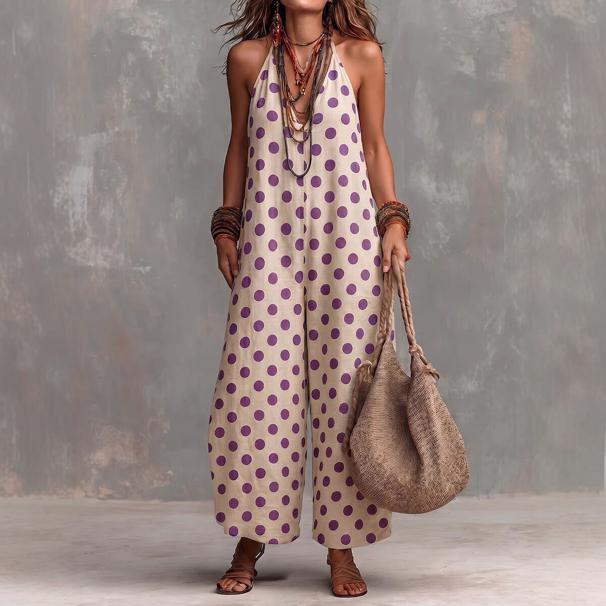 Women's Polka Dot Halter Wide-Leg Jumpsuit Sleeveless Summer Vacation Outfit