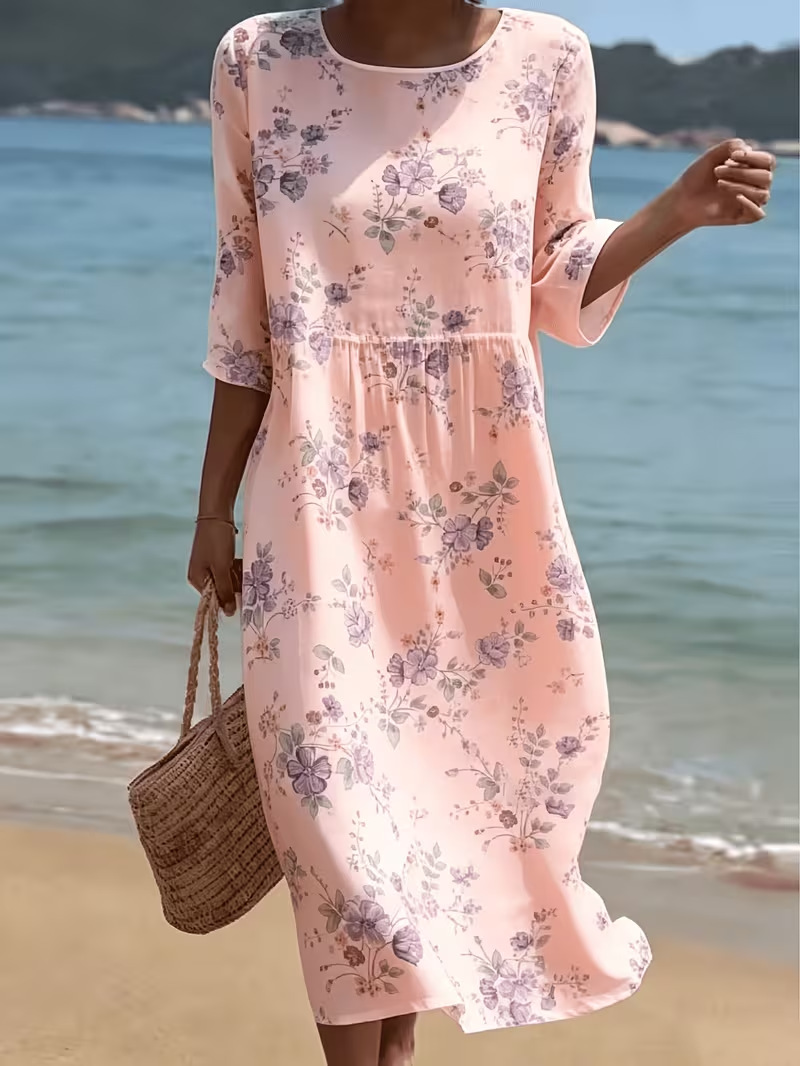 Women's Floral Print Ruched Midi Dress Crew Neck Half Sleeve