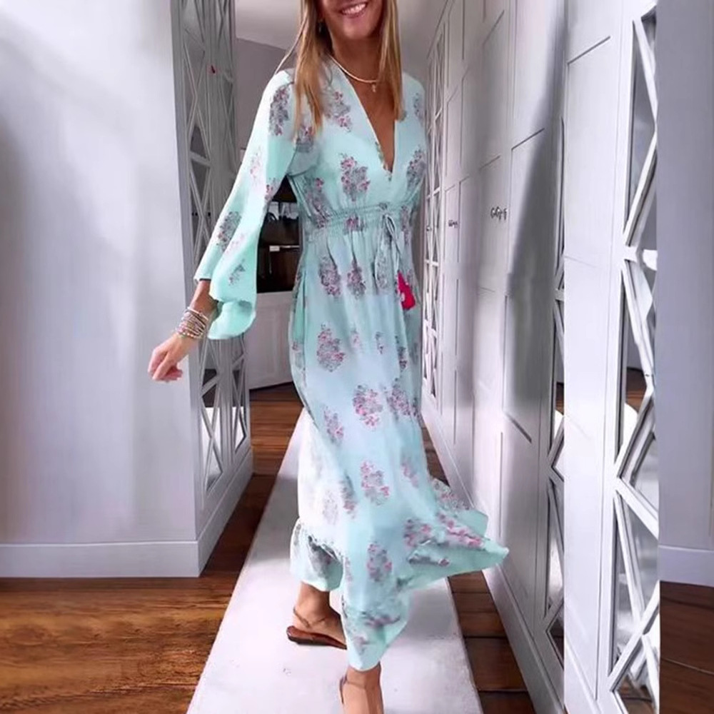 Women's Casual Floral Print V-Neck Long Sleeve Maxi Dress