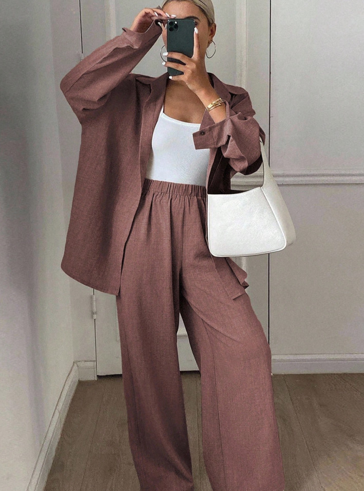 Casual Cotton-Linen Long-Sleeve Shirt and Pants Two-Piece Set