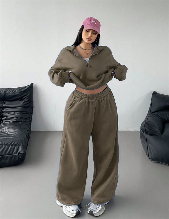 Women's Half-Button Pullover Hoodie and Pants Two-Piece Set