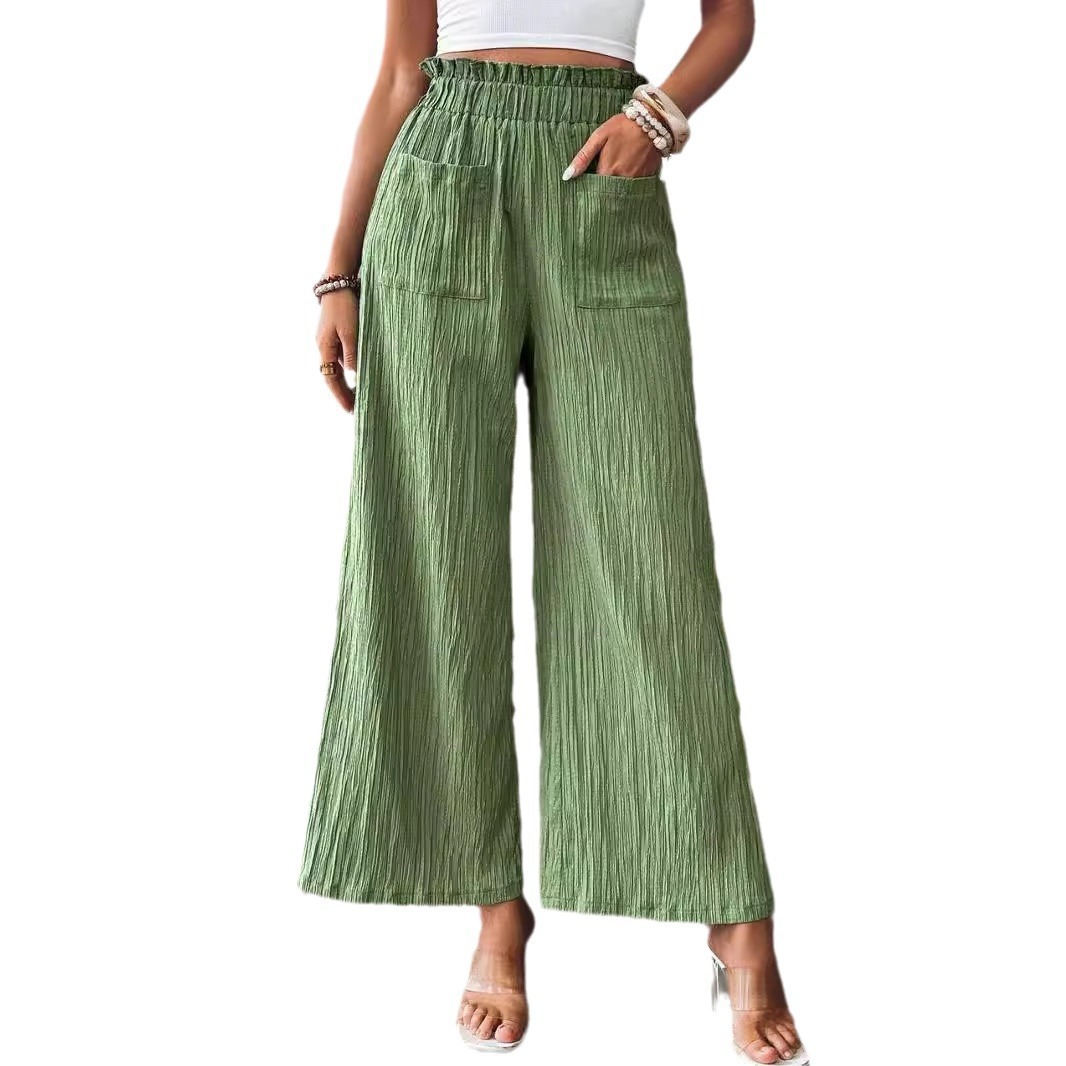 Women's Cropped Wide-Leg Pants with High Waist, Two Pockets, Textured Fabric, Slimming, Versatile, Commuter