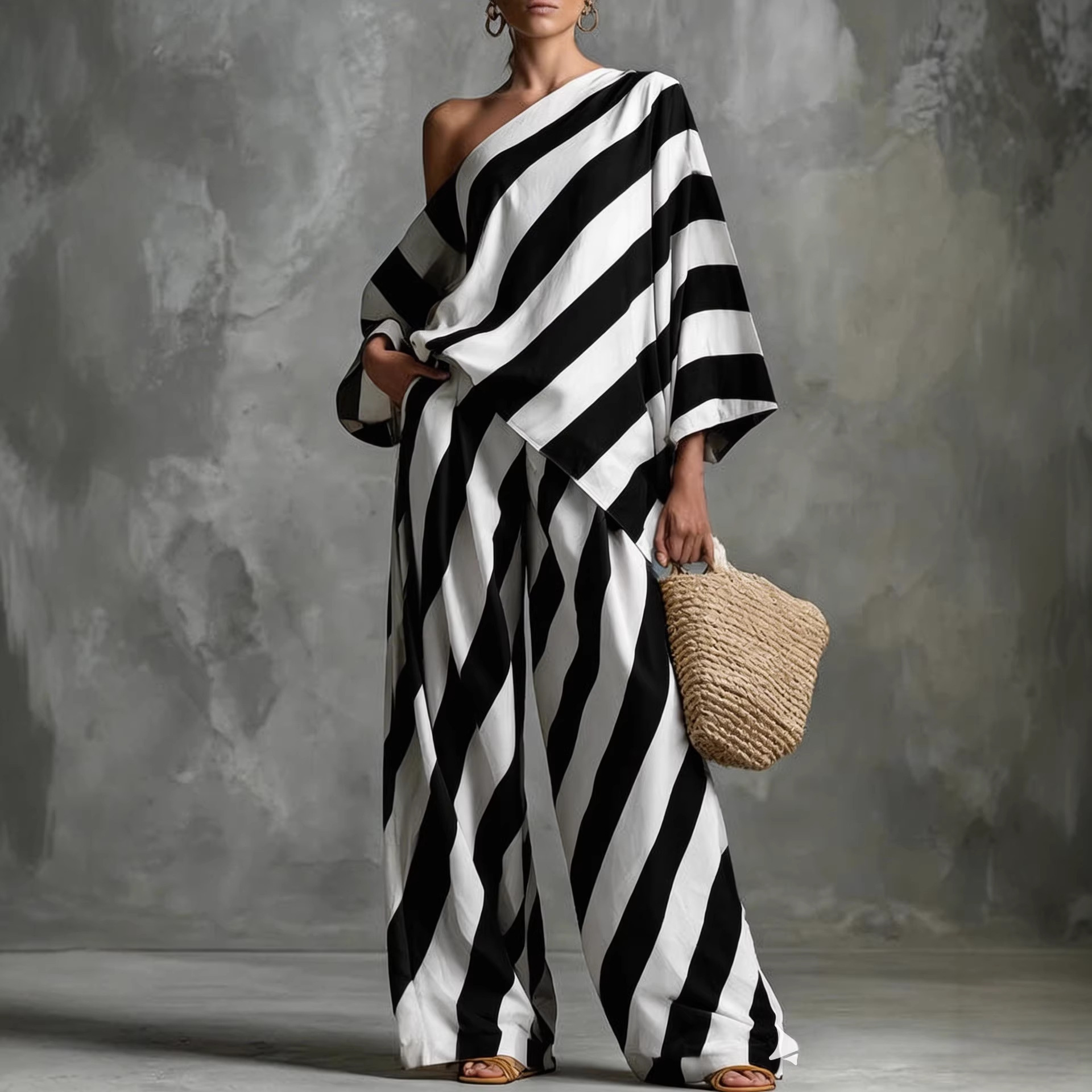 Lazy Chic Retro Striped Print Top and Wide-Leg Pants Two-Piece Set