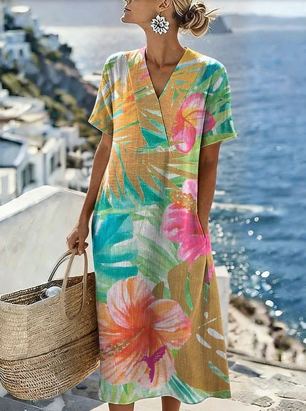 Women's Floral Print Ruched Midi Dress Sleeveless Deep V-Neck Bodycon