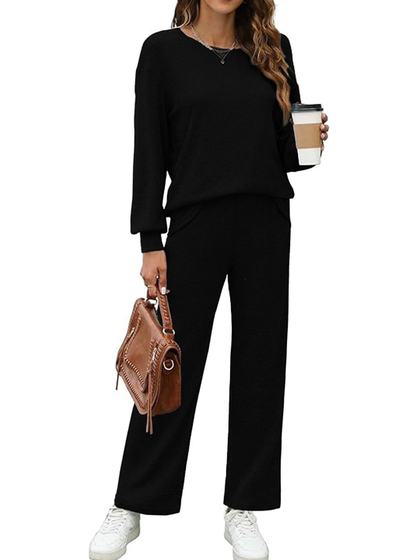 Minimalist Solid Knit Two-Piece Set: Crewneck Drop-Shoulder Long-Sleeve Top + High-Waist Wide-Leg Pants