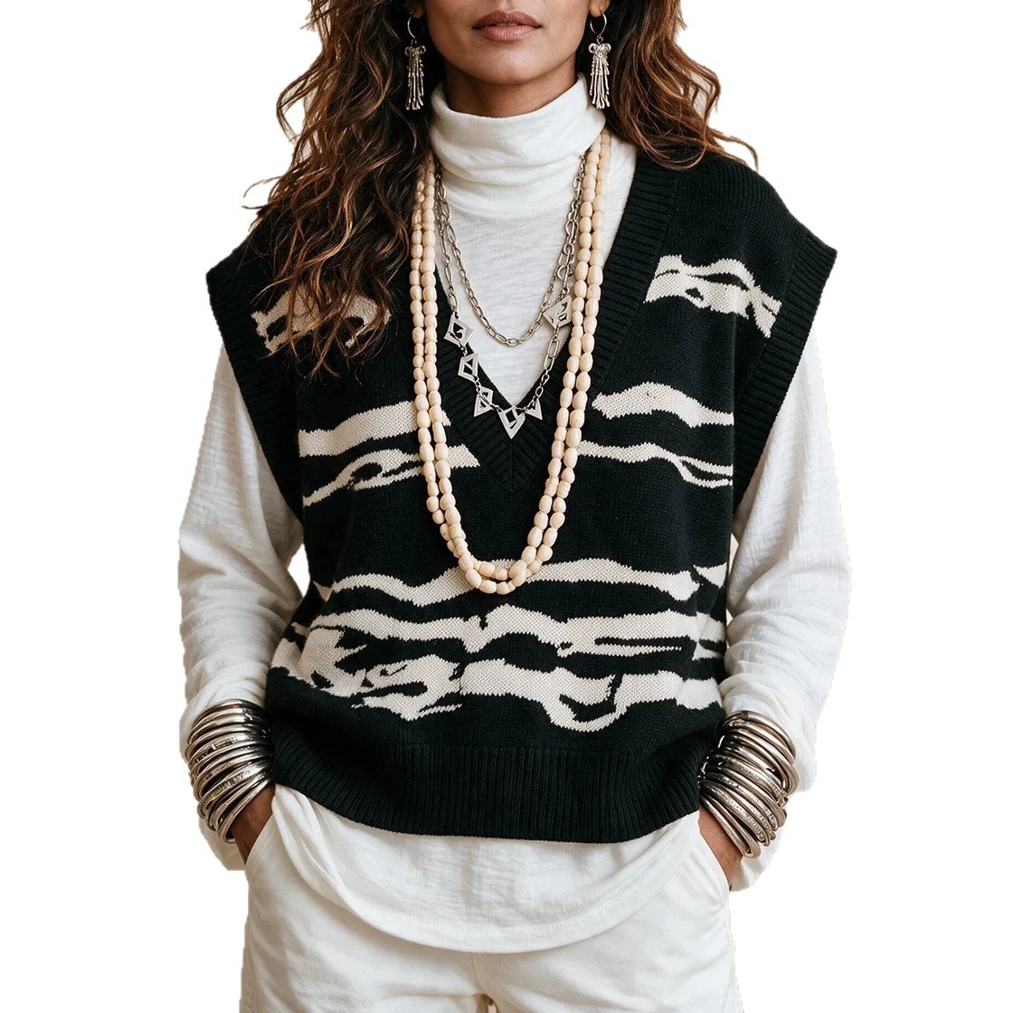 V-Neck Wavy Knit Sweater Vest Sleeveless Pullover