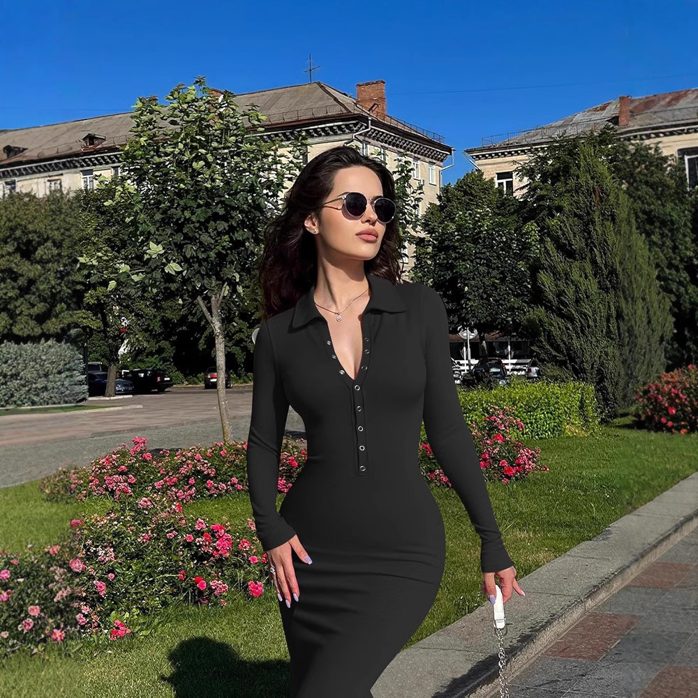 Sexy Ribbed Knit Bodycon Dress with Button Lapel Collar