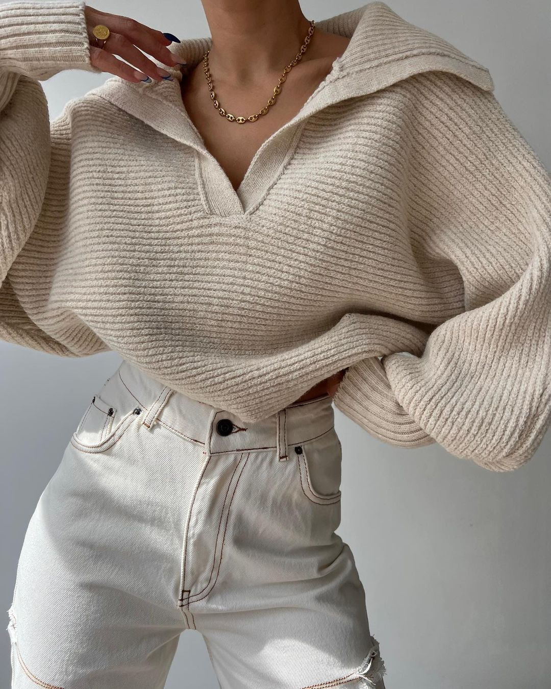 Women's Loose Lantern Sleeve Open Collar Pullover Cropped Sweater