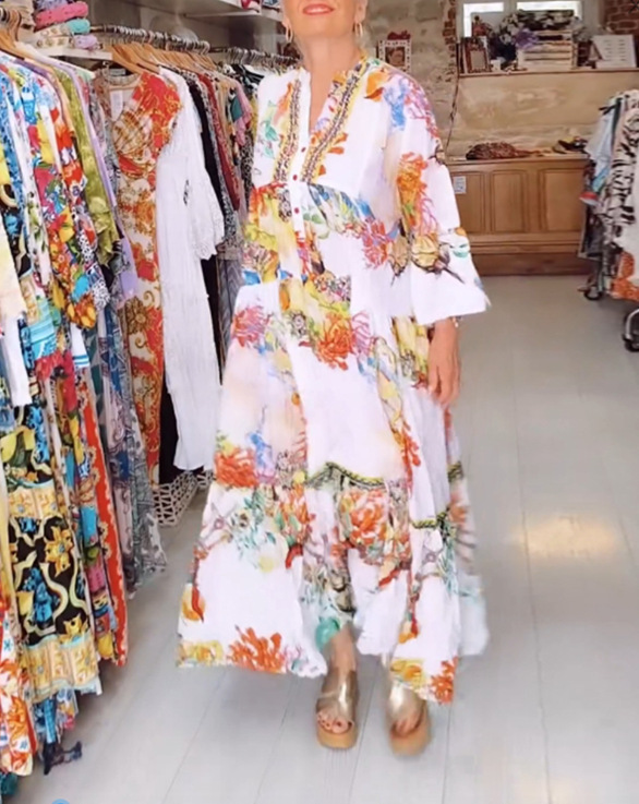 Women's Printed V-Neck Long Sleeve Loose Casual Dress