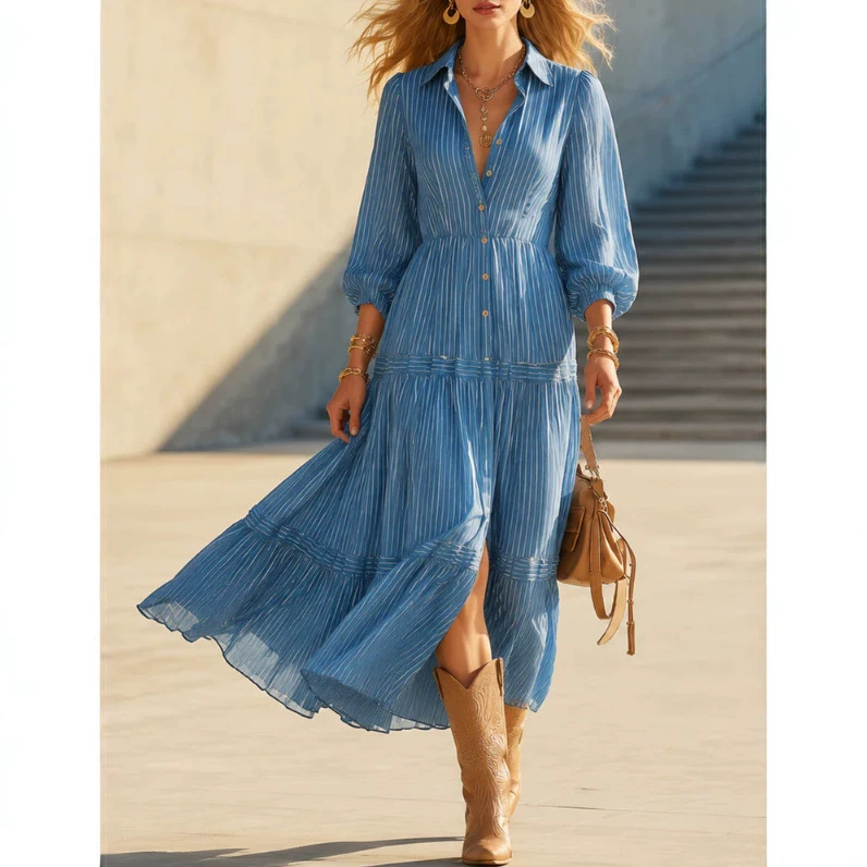 Blue Striped Long Shirt Dress Casual High Waist